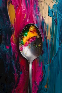 彩色画笔与金属勺子的艺术融合