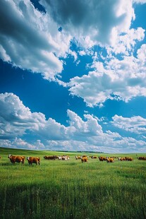 蓝天白云下的草原牛群