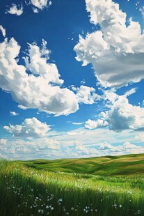 蓝天白云下的绿色丘陵