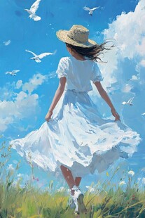 夏日白裙女孩与海鸥
