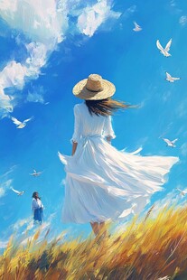 蓝天下的白裙女孩与海鸥