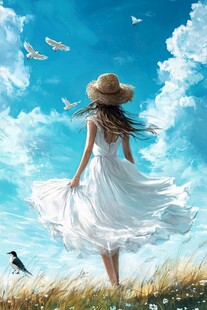 蓝天下的白裙女孩与飞翔的白鸟