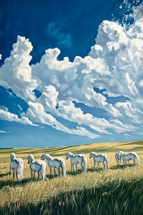 广阔天空下的白马群