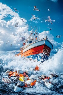 汹涌海浪中的渔船与海鸥