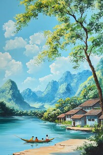 碧水小船乡村山景
