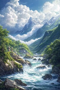 山谷中的激流与雾蒙蒙的山脉