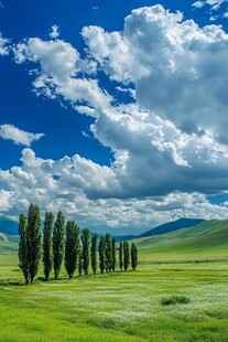 蓝天白云下的绿色山谷