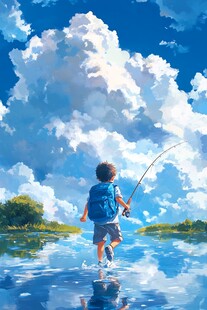 云海下的孤独渔童