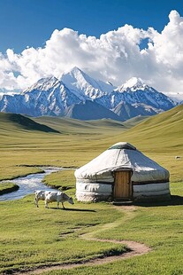 蒙古包与雪山风景