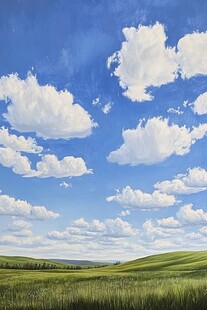 蓝天白云下的绿色丘陵