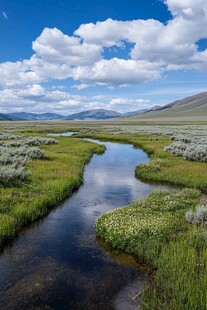 蜿蜒小溪 绿色草地 蓝天白云 远山背景