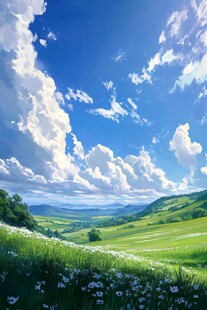 云海草原 蓝天下的绿色山谷