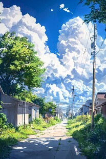 蓝天白云下的宁静乡村小路