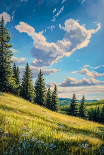 蓝天下的草地与森林