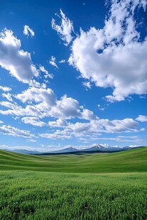 蓝天白云下的绿色丘陵