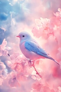 蓝色小鸟与粉色花朵
