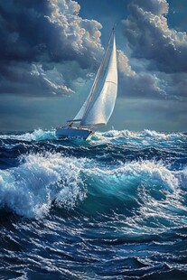 风帆船与波涛汹涌的海洋