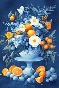 蓝色花瓶中的橙色与白色花卉