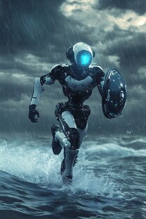 未来战士在暴雨中奔跑