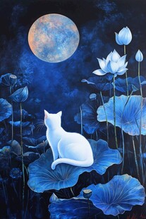 月下白猫与荷花
