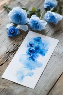 蓝色水彩画与真实花朵的融合