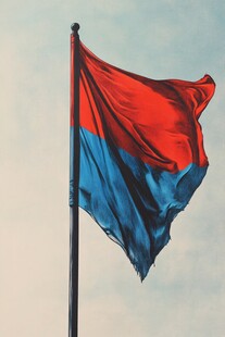 红蓝旗帜在灰色天空下飘扬