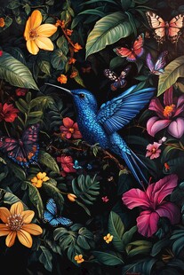 森林中的蜂鸟和蝴蝶