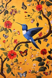 金色背景上的蜂鸟和蝴蝶