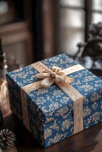 奢华礼盒包装 蓝金色调 优雅蝴蝶结 精致礼物 暖心惊喜