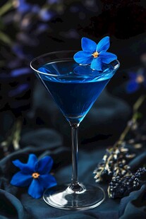 神秘蓝色鸡尾酒 搭配勿忘我花朵 呈现优雅夜晚氛围