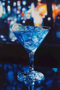 蓝色鸡尾酒 冰块和柠檬片