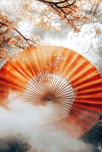 橙色油纸伞与樱花的诗意交融