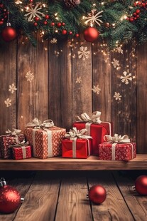 圣诞礼物与木质背景