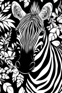 黑白斑马与热带叶子