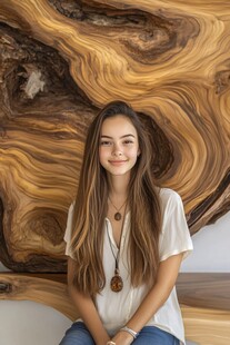 木纹背景下的年轻女子