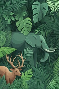 森林中的大象和鹿