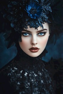 神秘蓝色女子 黑色蕾丝头饰