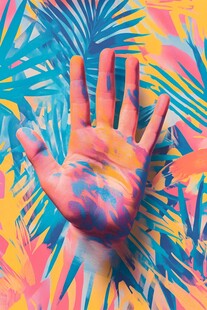 五彩斑斓的手印与热带植物背景