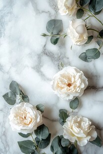 白色玫瑰与绿叶在石材背景上的布置