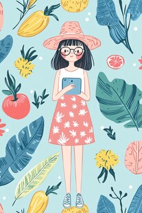 夏日女孩与植物 水果的插画
