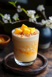 香芒豆花 木质托盘上呈现