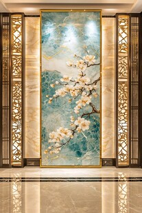 蓝白花卉大理石艺术画