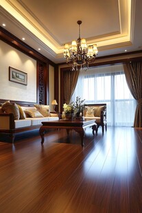 豪华客厅 木地板 吊灯 沙发 茶几 窗帘
