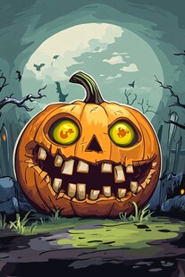 万圣节南瓜灯在满月下的墓地