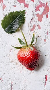 鲜红草莓与绿叶 背景为白色涂鸦墙