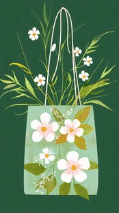 绿色手提袋中的白色花朵