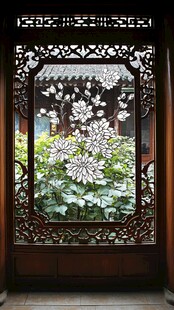 木窗花纹透视绿植景观