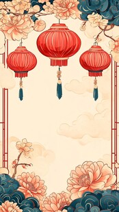 云雾缭绕中的红色灯笼与盛开的花朵