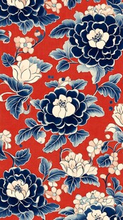红色背景蓝色花卉图案