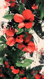 生机勃勃的红色花卉与绿叶